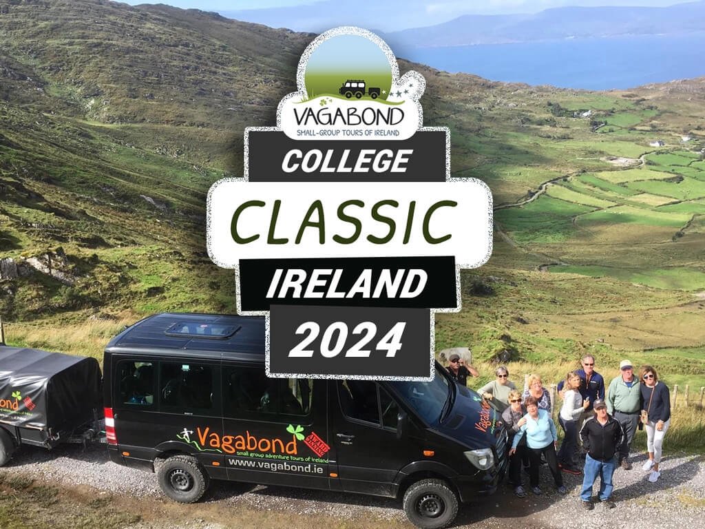 Text College Classic Ireland 2024 with Vagabond Tours logo overlaid on scenic, green Irish landscape with happy tour group looking up at camera beside tour vehicle