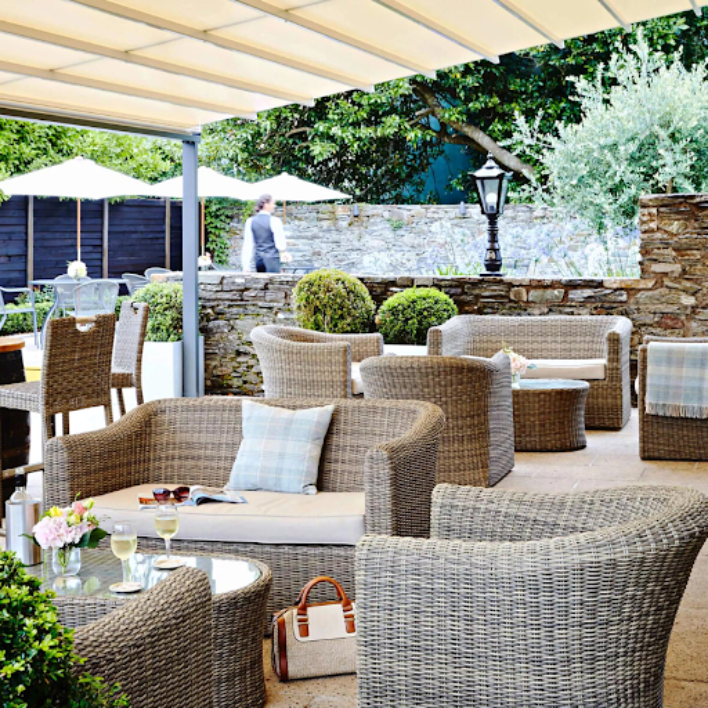 The garden furniture in the outside restaurant area in the actons hotel