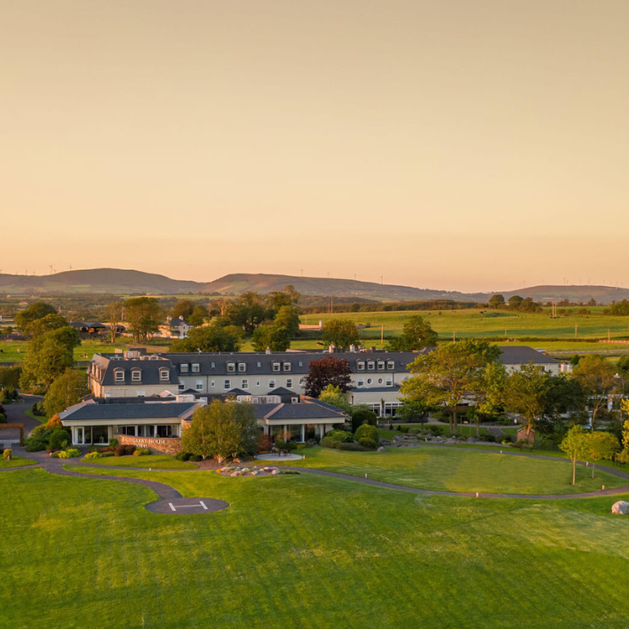 An aerial view of ballygarry hotel in the sunset