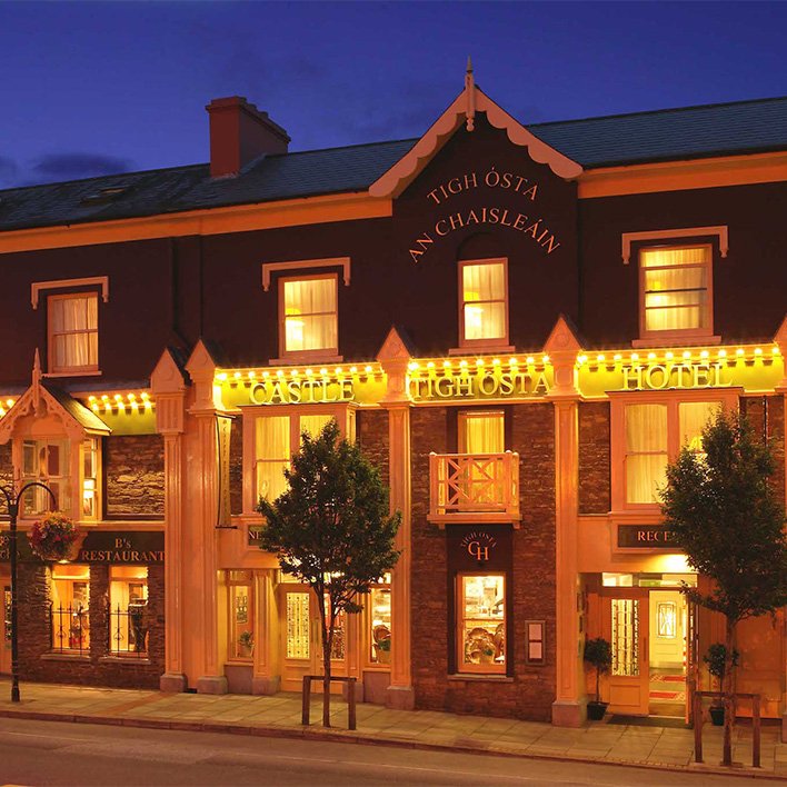 The exterior of Castle Hotel lit up as darkness falls on Macroom