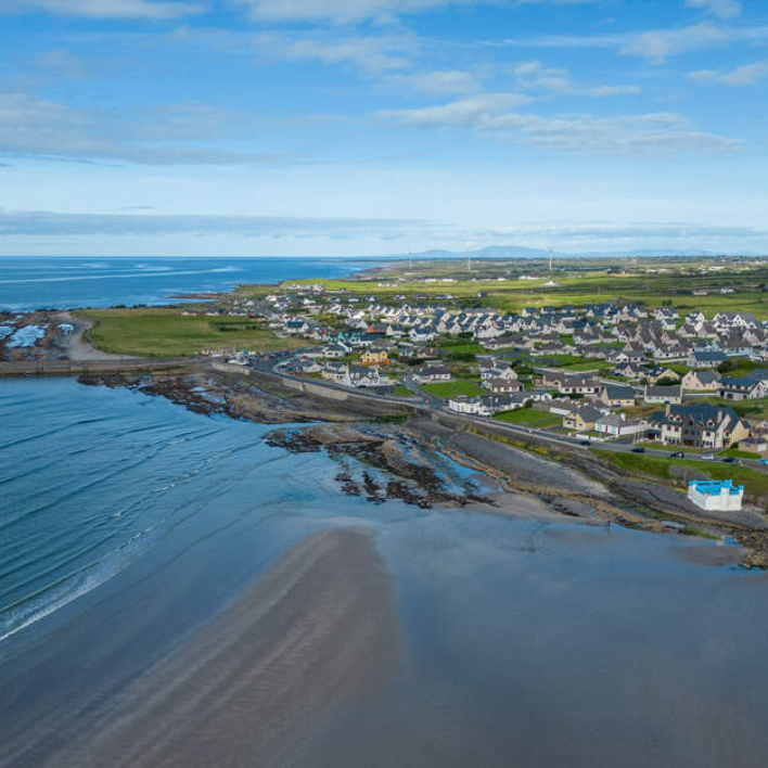 An aerial view of the coastal town of Enniscrone