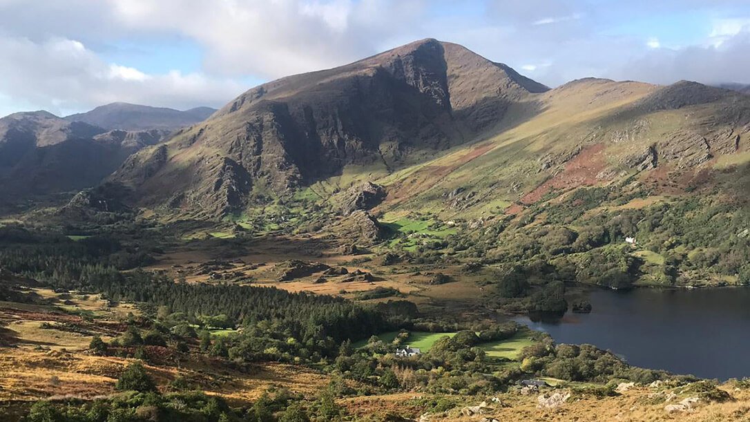 Green hills and scenic lake in Kerry, Ireland