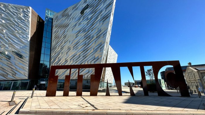 Exterior and sign at Titanic Centre in Belfast, Northern Ireland