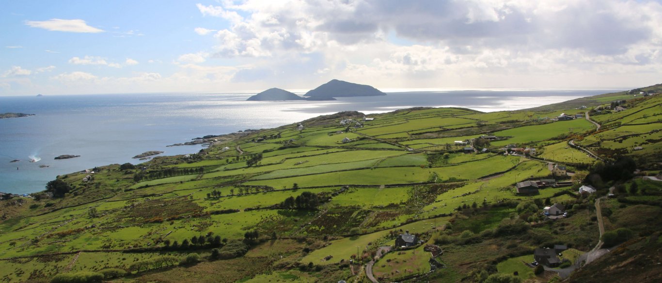 Scenic coastal Ring of Kerry landscape with islands and patchwork fields in Ireland