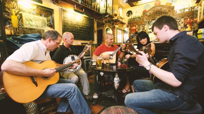 Traditional Irish musicians performing in a pub