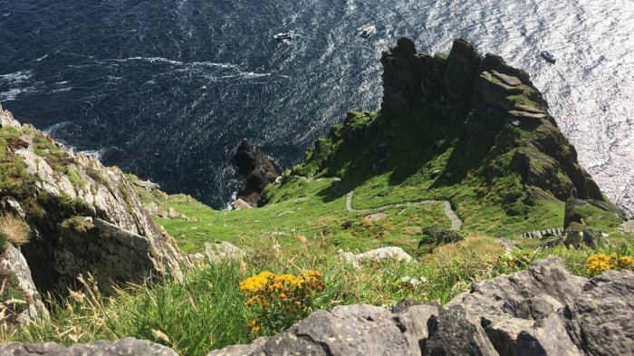 The view down the steep steps on Skellig Michael Island on a 2 week tour of Ireland