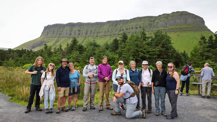 One of our 12 Day Tour groups at the foot of the iconic Benbulben mountain