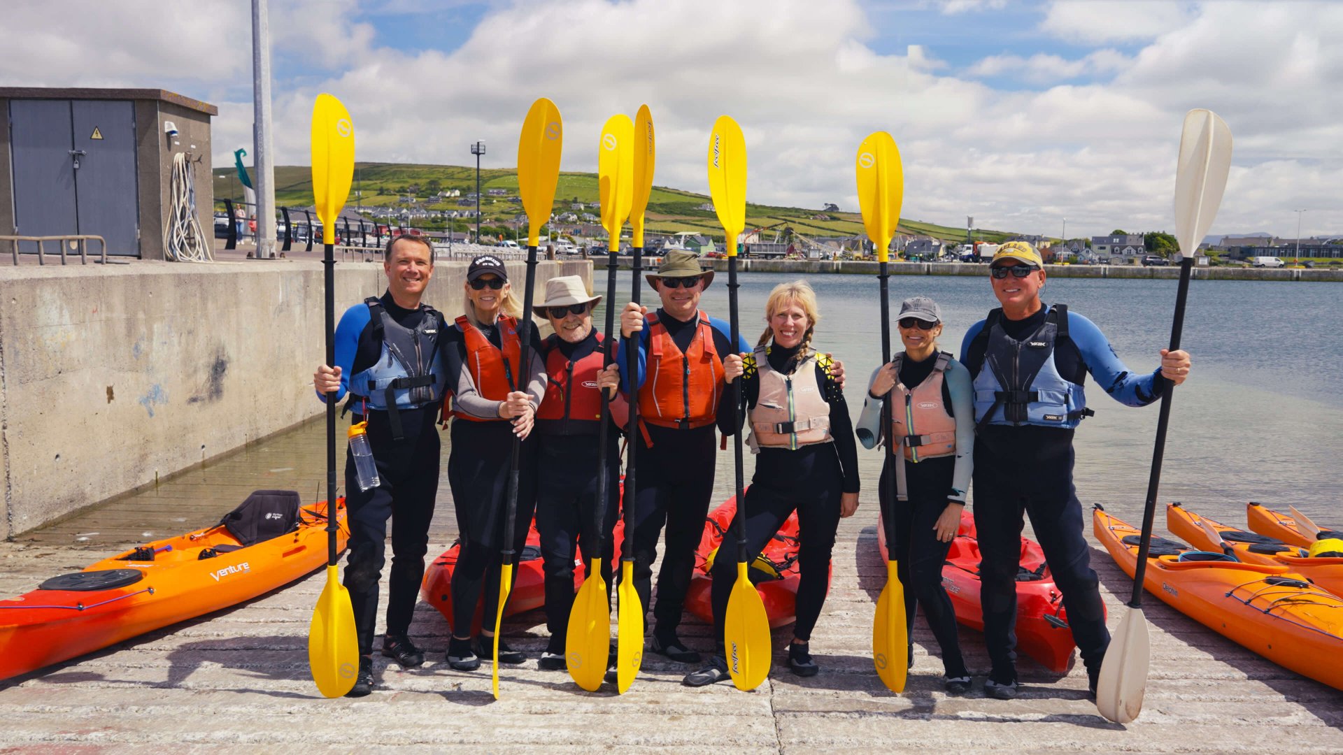 Seven guests waiting to go kayaking in Dingle Bay