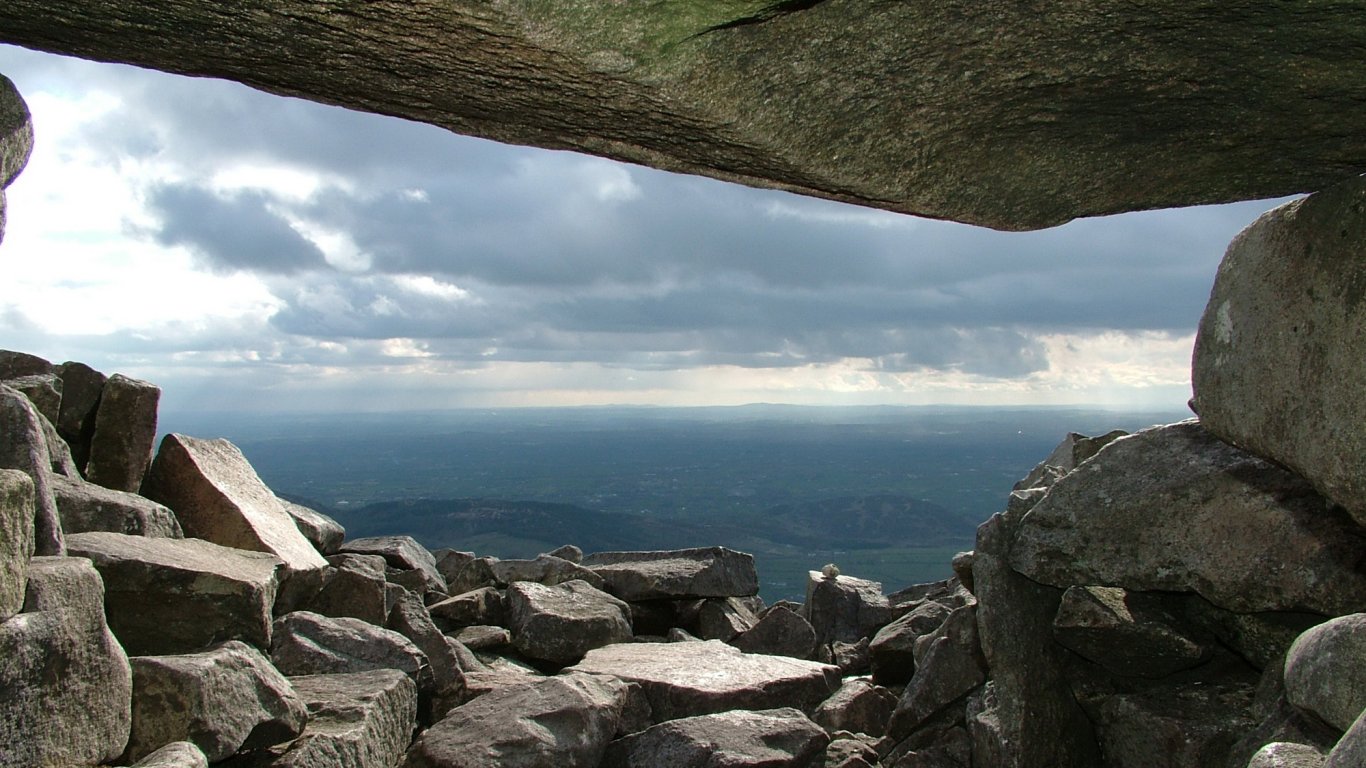 View from passage tomb atop Slieve Gullion mountain in Ireland