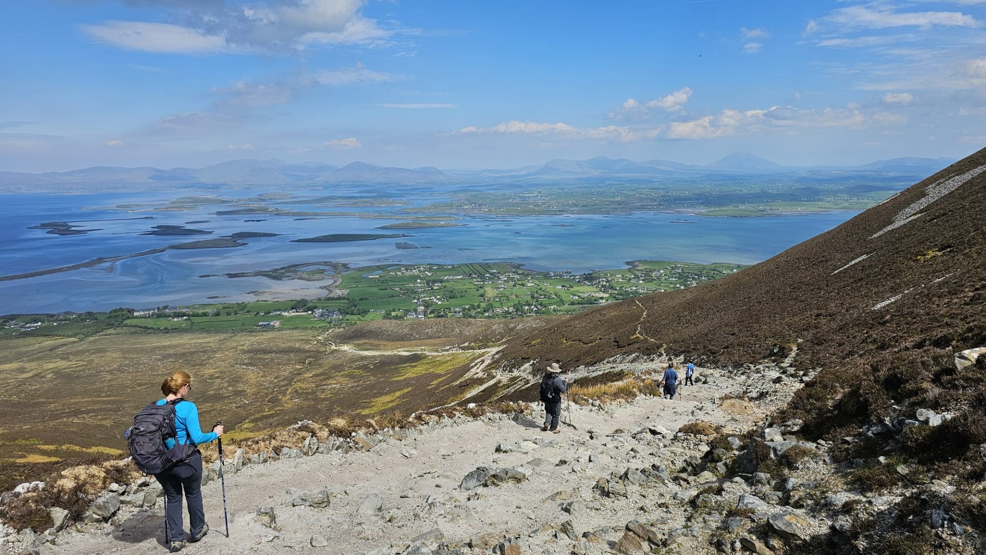 guests hiking on croagh patrick with a view of clew bay