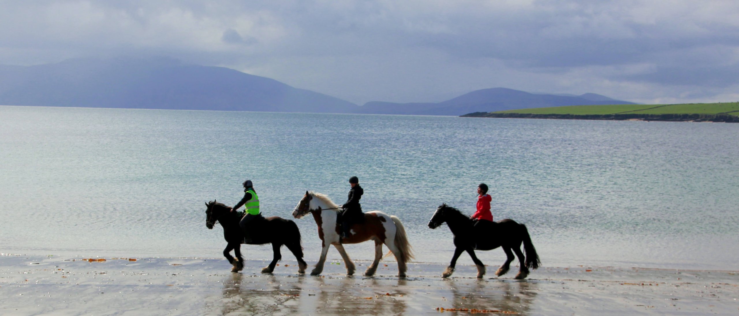 Adventure tour guests riding horses on a scenic beach in Ireland