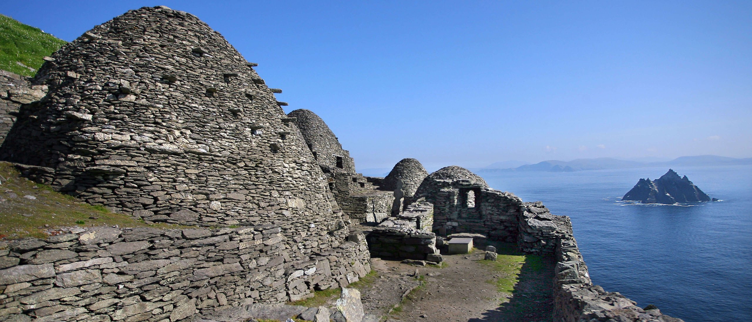 View from Skellig Michael's Beehive huts and monastery out over Little Skellig