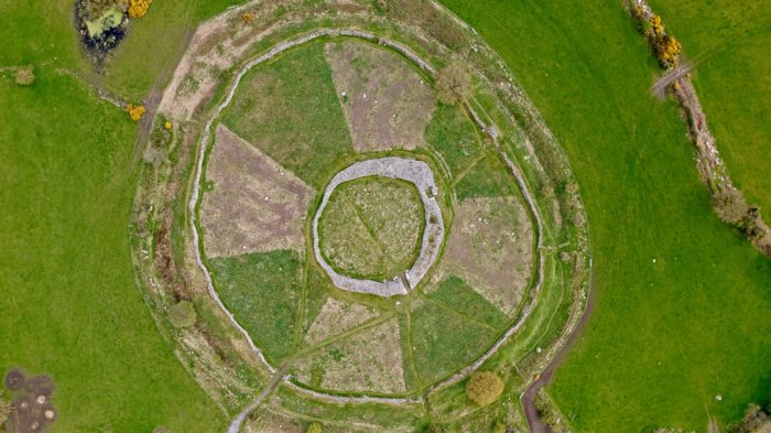 Aerial drone shot of circular stone fort at Rathgall in Ireland