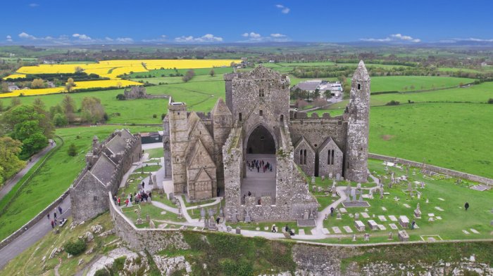 Aerial drone shot of the Rock of Cashel in Ireland