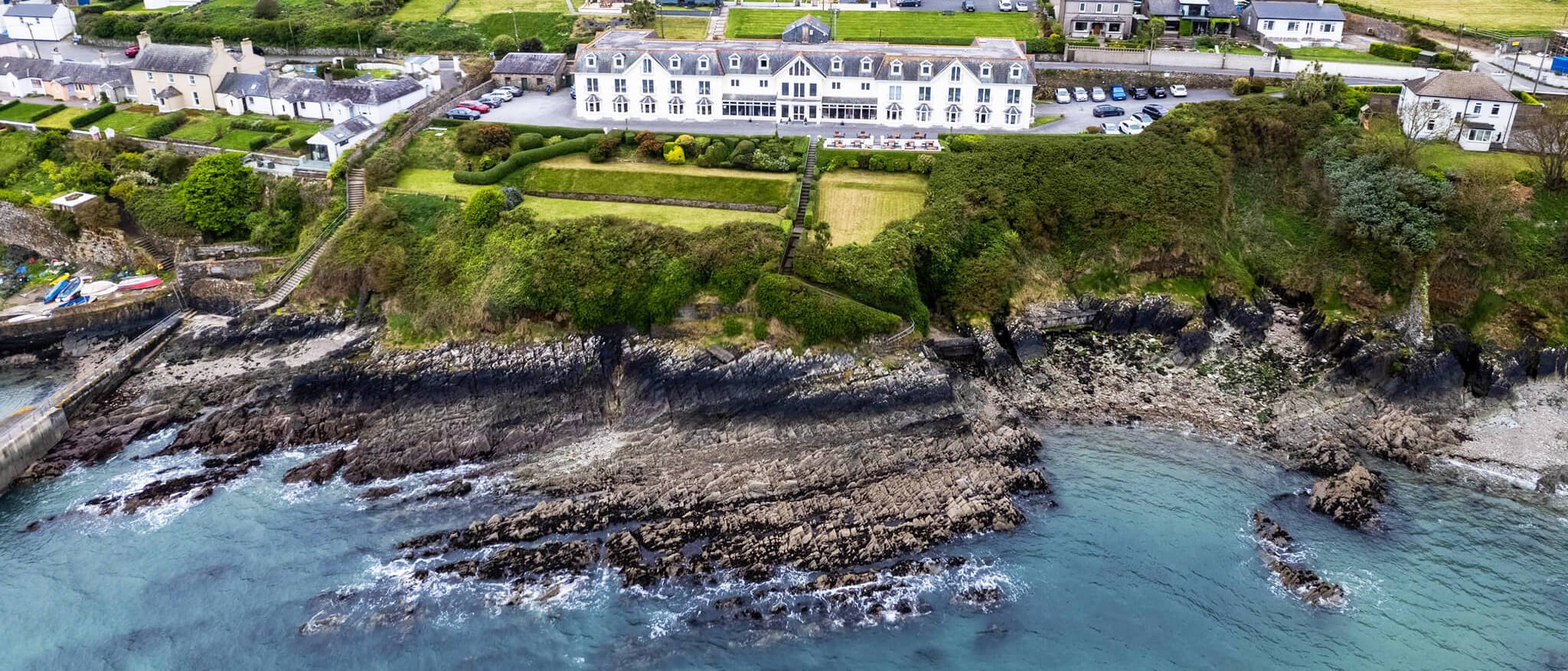 Aerial view of the Bayview Hotel in Ballycotton, Ireland