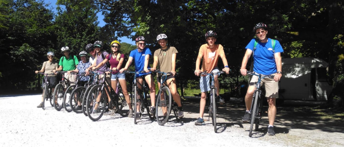 A Vagabond tour group on their bikes in Killarney National Park, Ireland