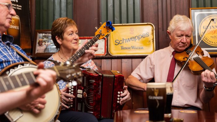 Three musicians perform together in a traditional Irish pub