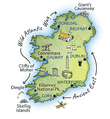 Illustrated map of Ireland showing destinations for tours