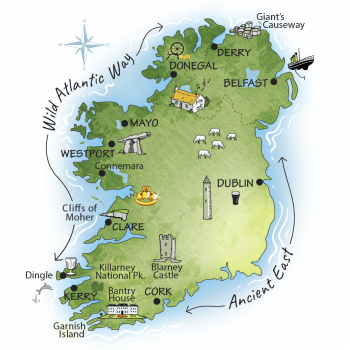 Illustrated Ireland Map showing 15 Day Tour Route