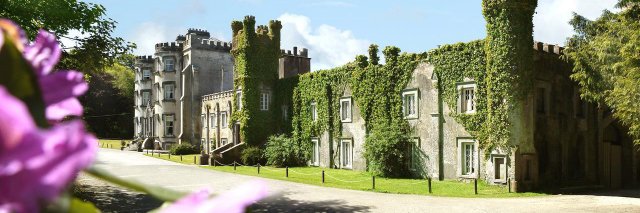 Foliage-covered exterior of Ballyseede Castle in Tralee, Kerry