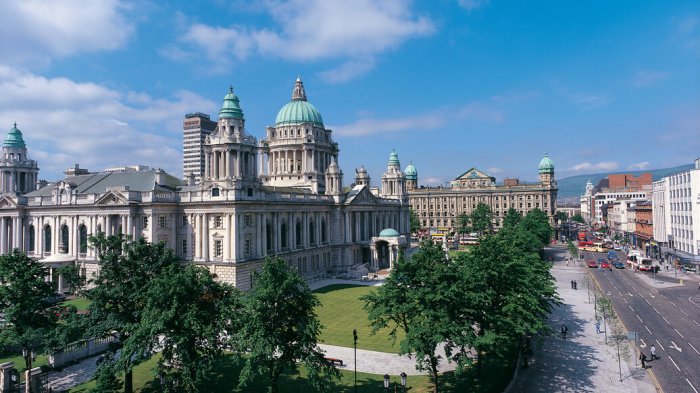 Belfast city hall in from the air in the sun