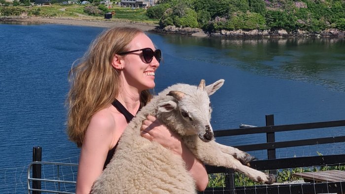 Tour guest holding sheep at Killary Sheep Farm in Ireland