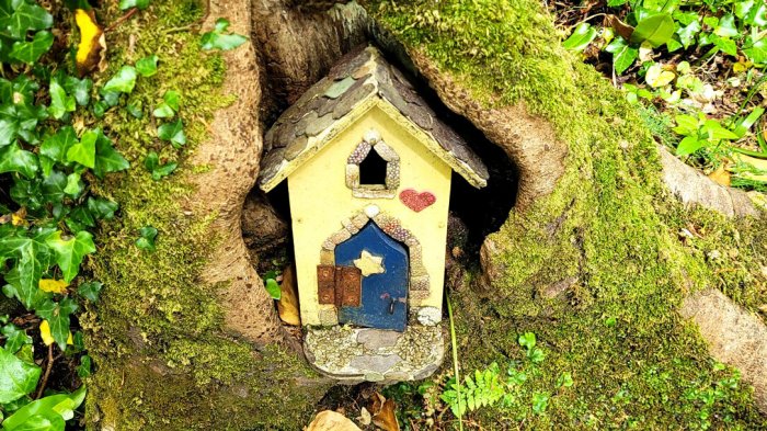 Irish fairy house in tree with moss and ivy