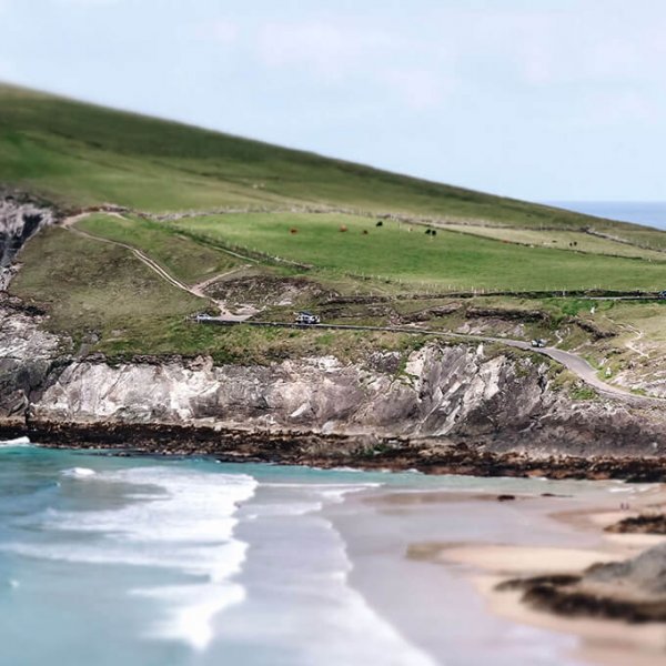 Coastal landscape along the Wild Atlantic Way in Ireland with tilt shift effect