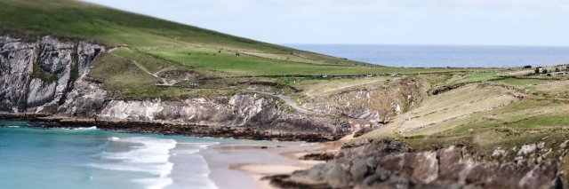 Coastal landscape along the Wild Atlantic Way in Ireland with tilt shift effect