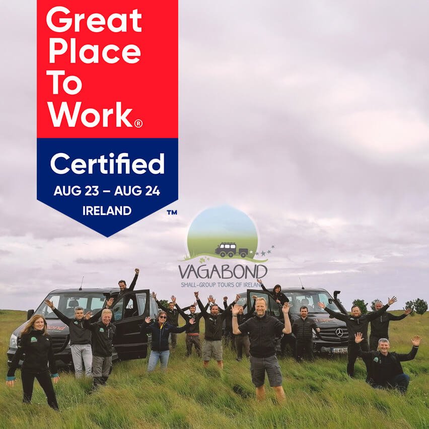 Great Place To Work Certified logo with Vagabond Tours team