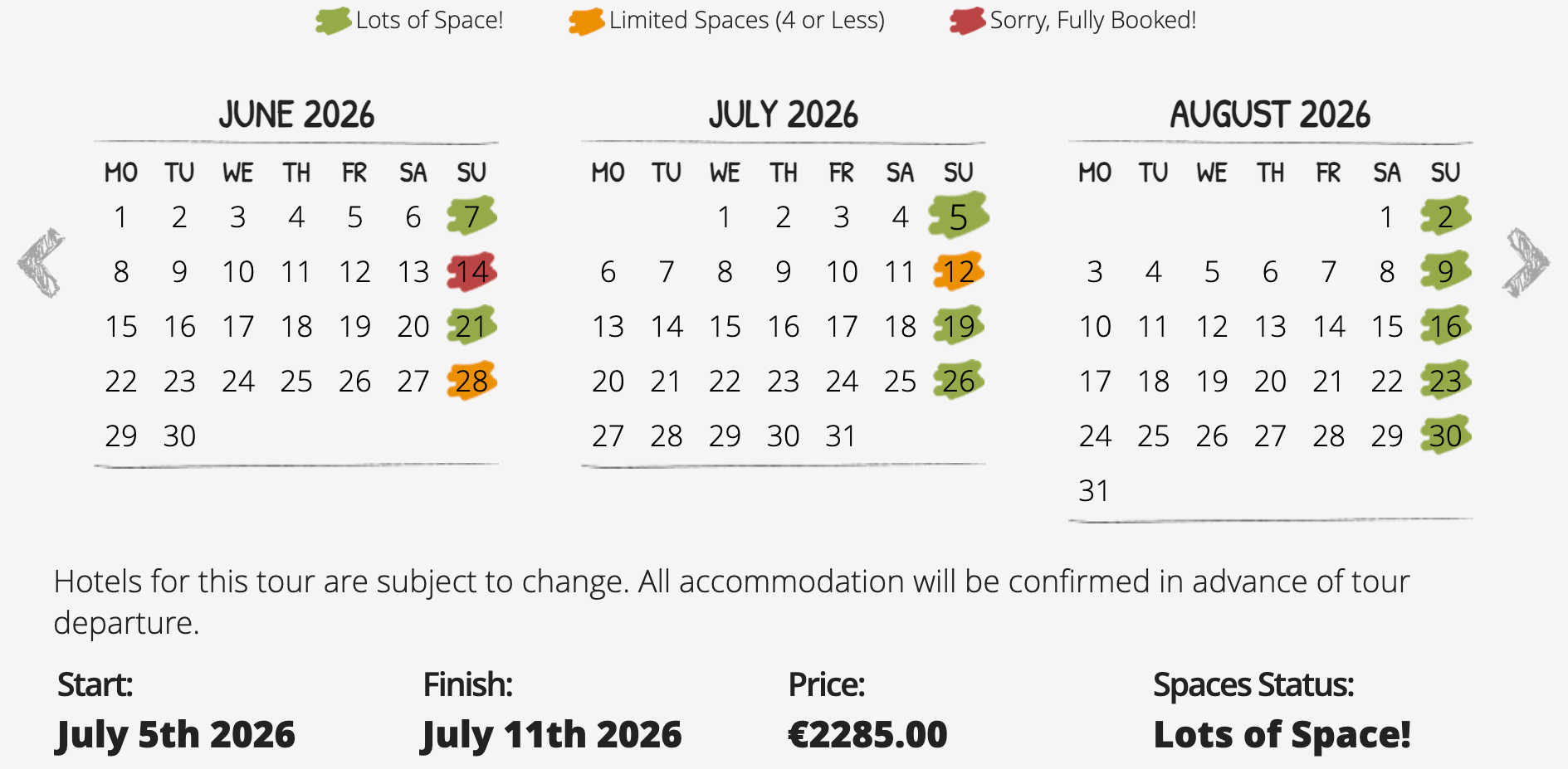 Tour page calendar displaying price for a tour date