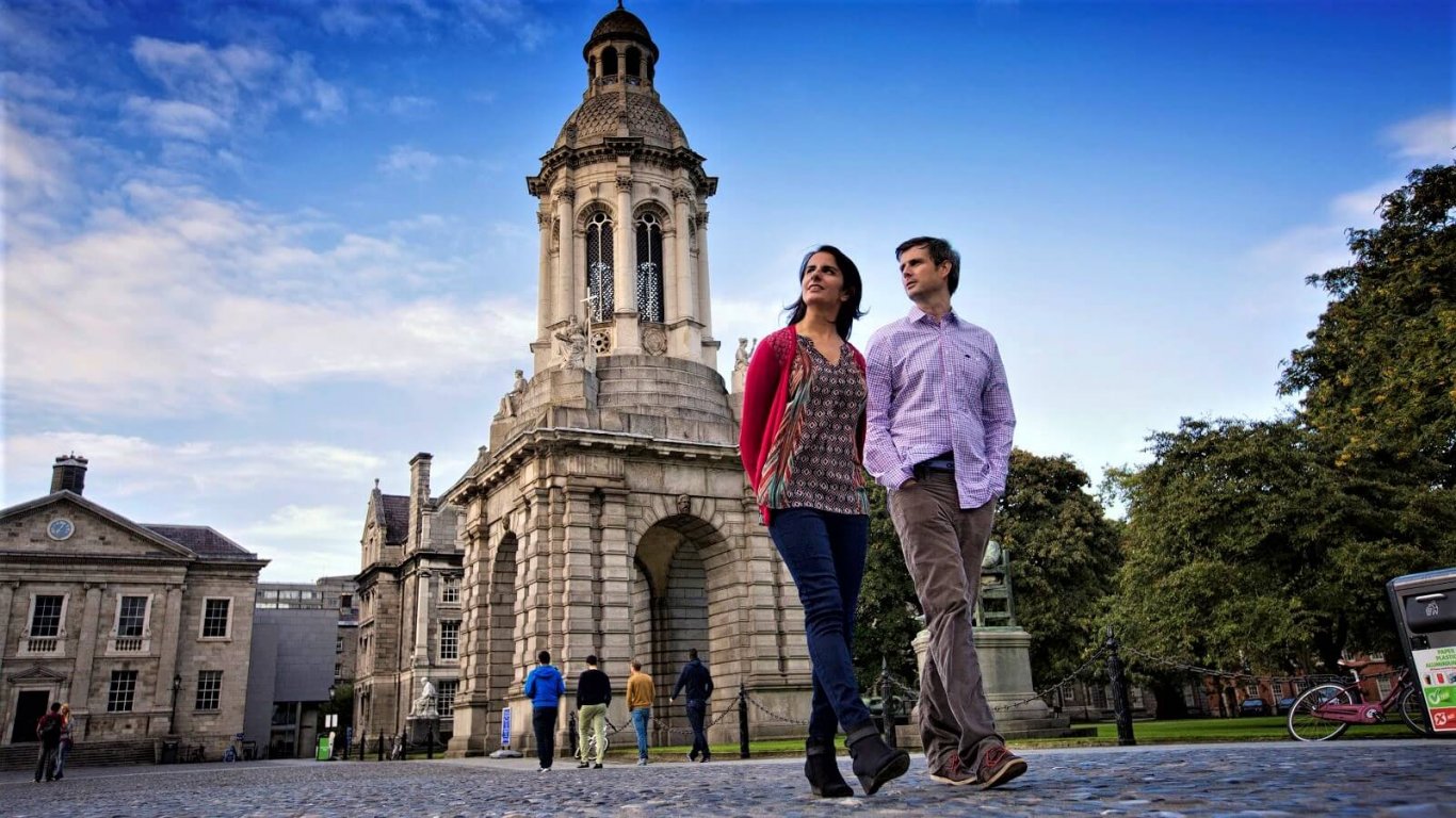 Couple walking at Trinity college