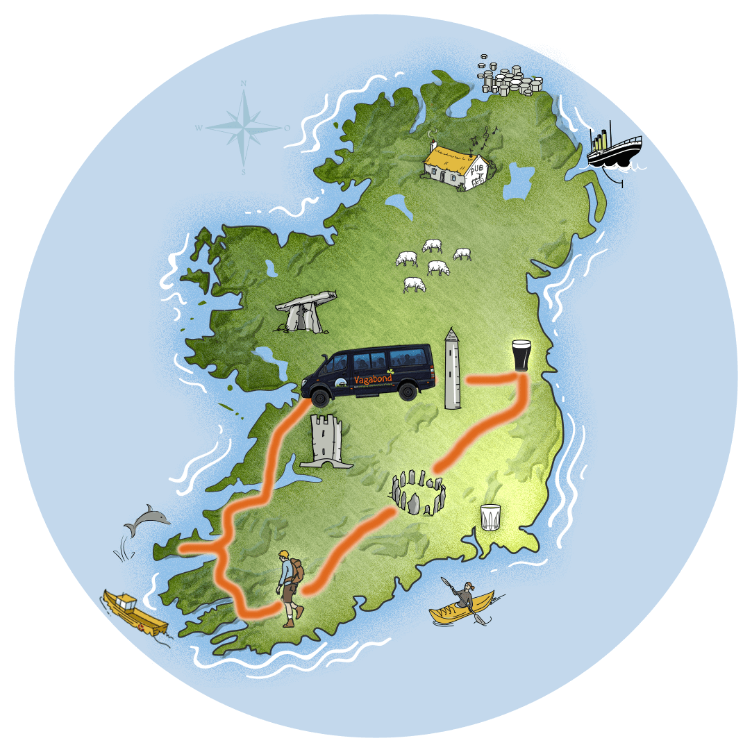 Map showing tour route for Vagabond 7 Day World Tour of Ireland