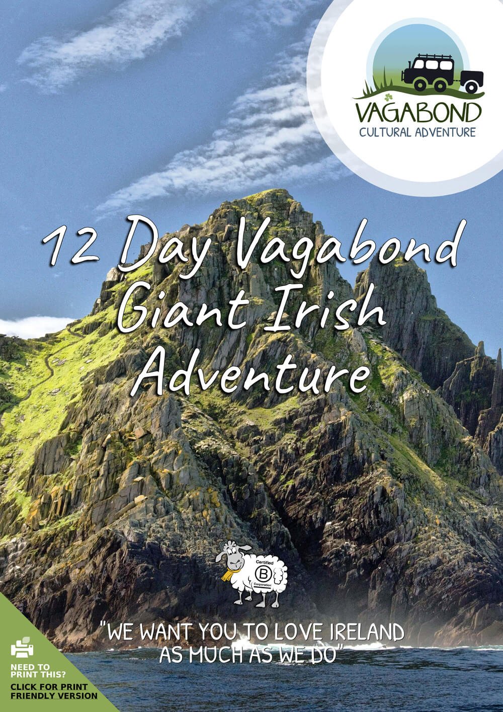 12 Day Vagabond Giant Irish Adventure Tour itinerary cover with Skellig Michael Island in Ireland