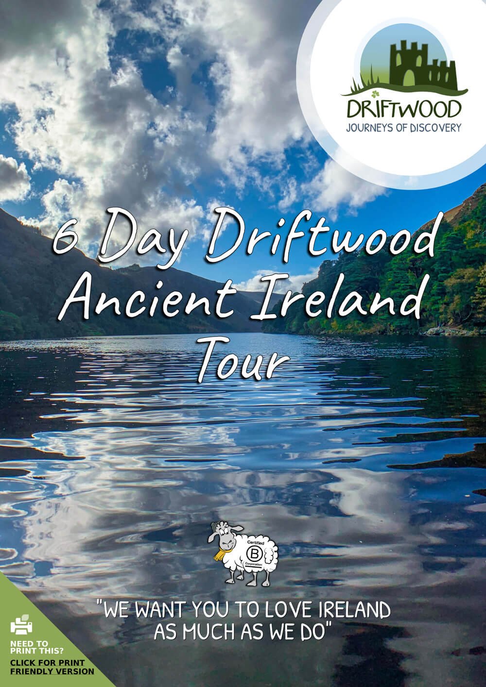 6 Day Driftwood Ancient Ireland Tour itinerary cover with Glendalough lake