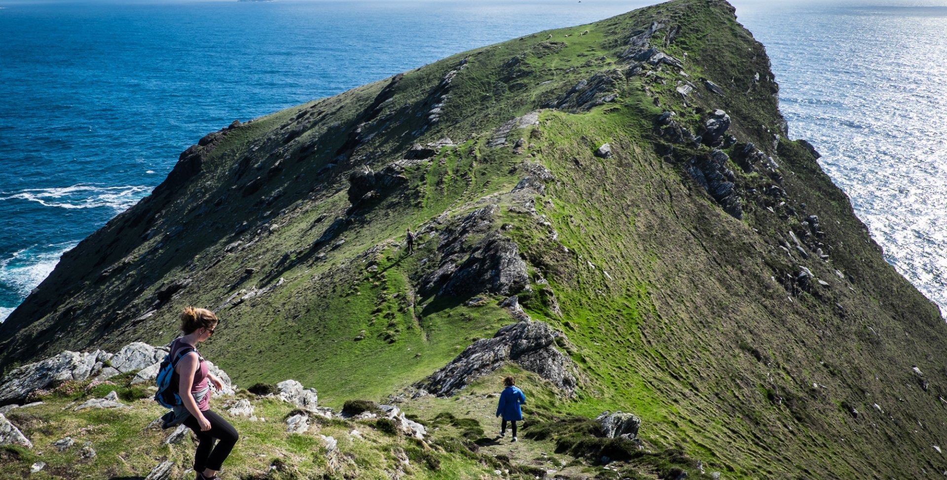 Hikers on Bray Head on Valentia Island in Ireland