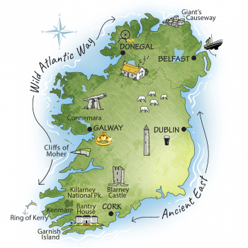 Map of Ireland showing the route of an 11 day small-group tour