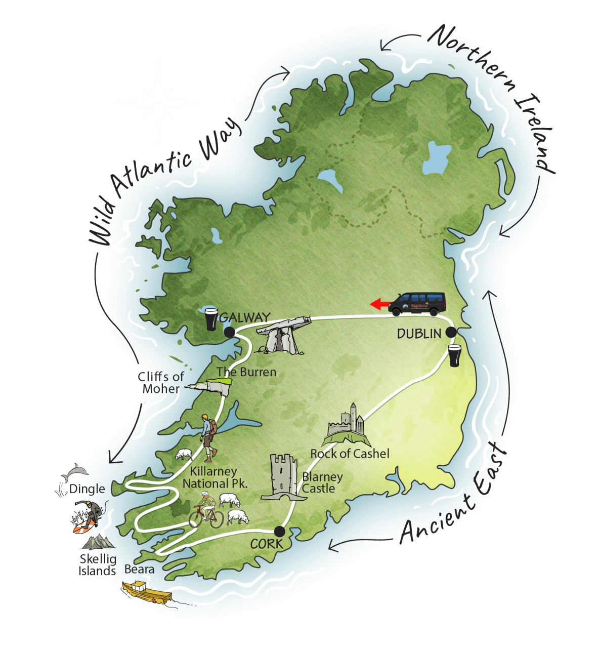 Map showing tour route for Vagabond 7 Day World Tour of Ireland