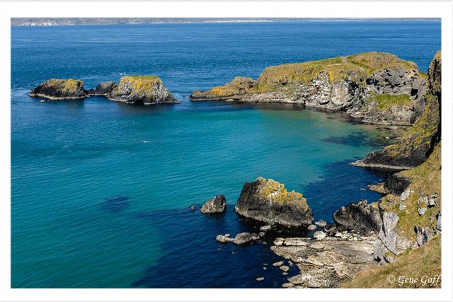 Carrick-a-rede bridge, with Raitlin Island in the near distance and Scotland in the in the far distance. Thanks Gene Goff for the photo.