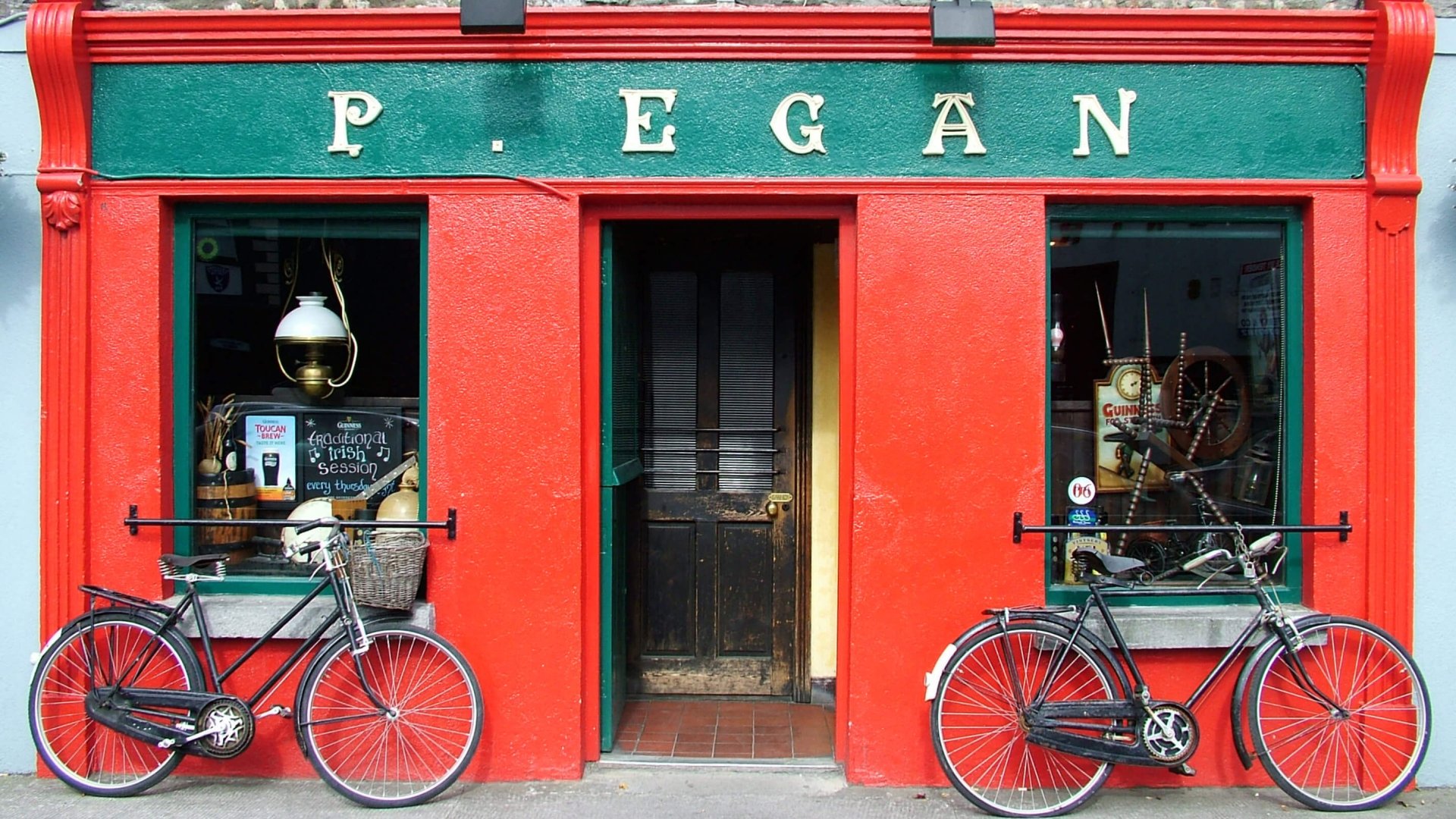 Traditional red and green Irish pub front