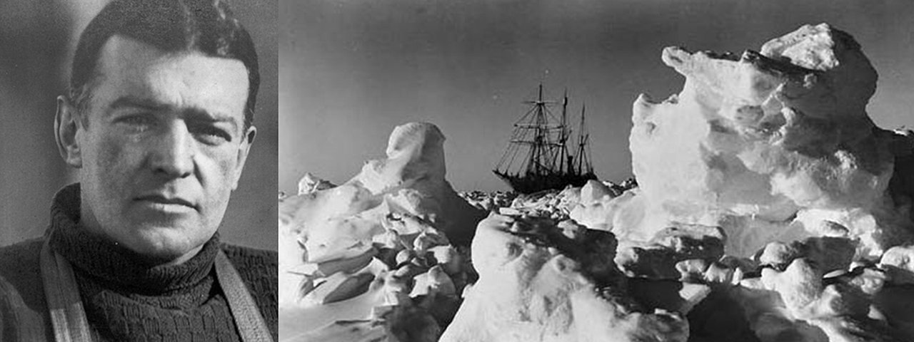 Irish explorer Ernest Shackleton and his ship, trapped in ice