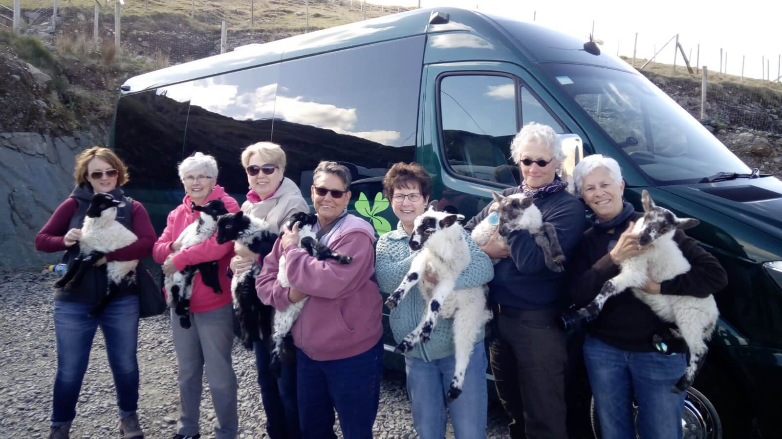 Groep Driftwood tourgasten poseren met elk een babylammetje