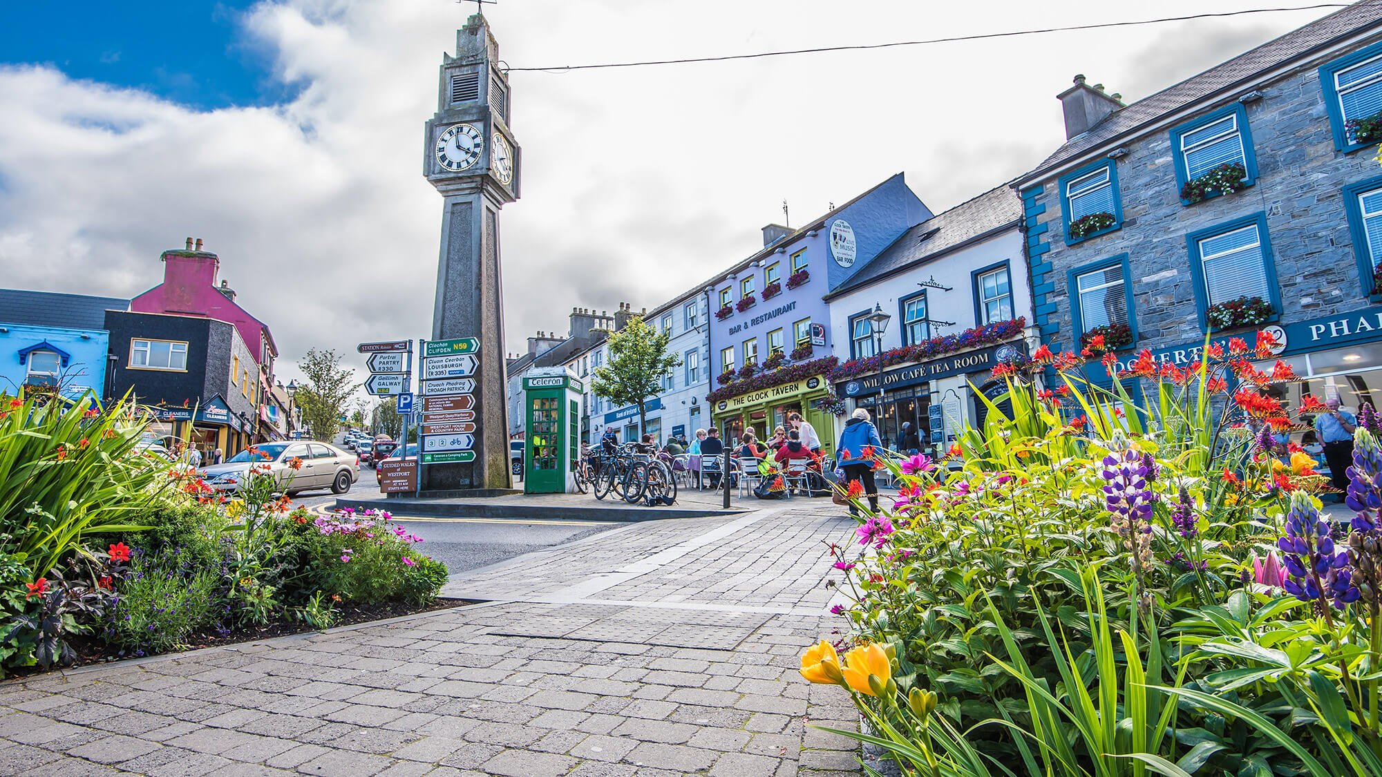 Clock tower and flowers in Westport town centre