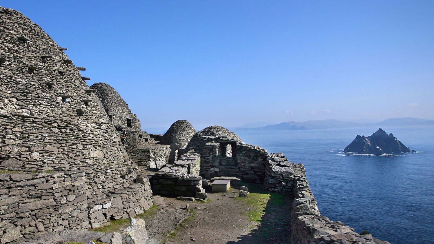 Scenic view from Skellig Michael's beehive huts towards Little Skellig